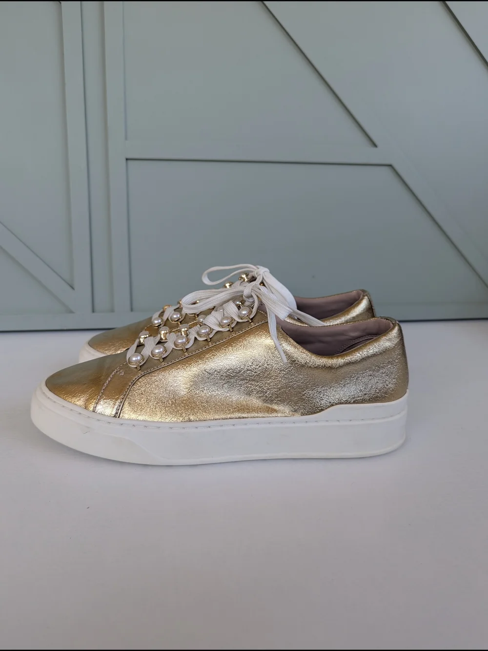 Stuart Weitzman Metallic Gold Pearl-Trim Sneakers